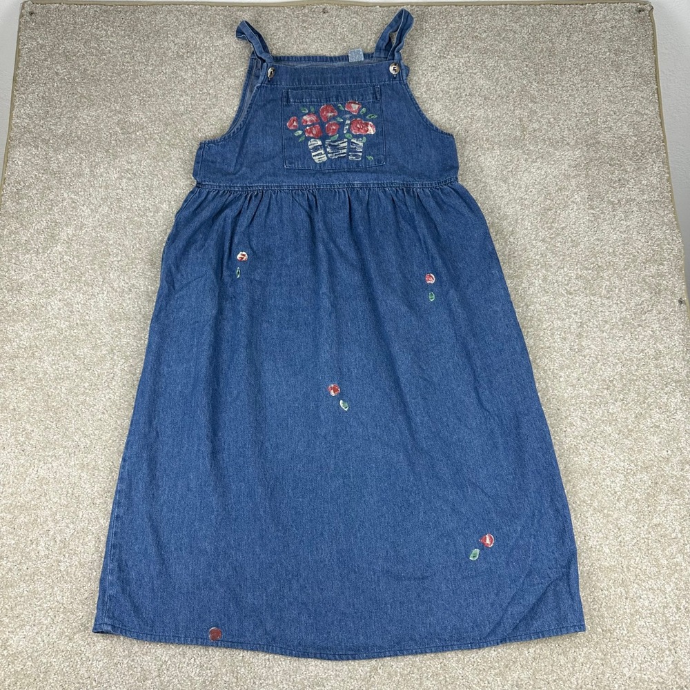 Sun Belt Denim VTG Floral Embroidered Jumper Dress Small Blue Cotton 90s Boho